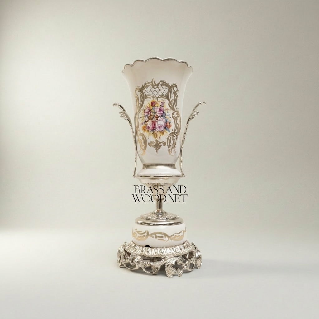 Rococo Porcelain Vase & Centrepiece Set – Hand-Painted Floral Bouquet on Ornate Brass Pedestal — Silver
