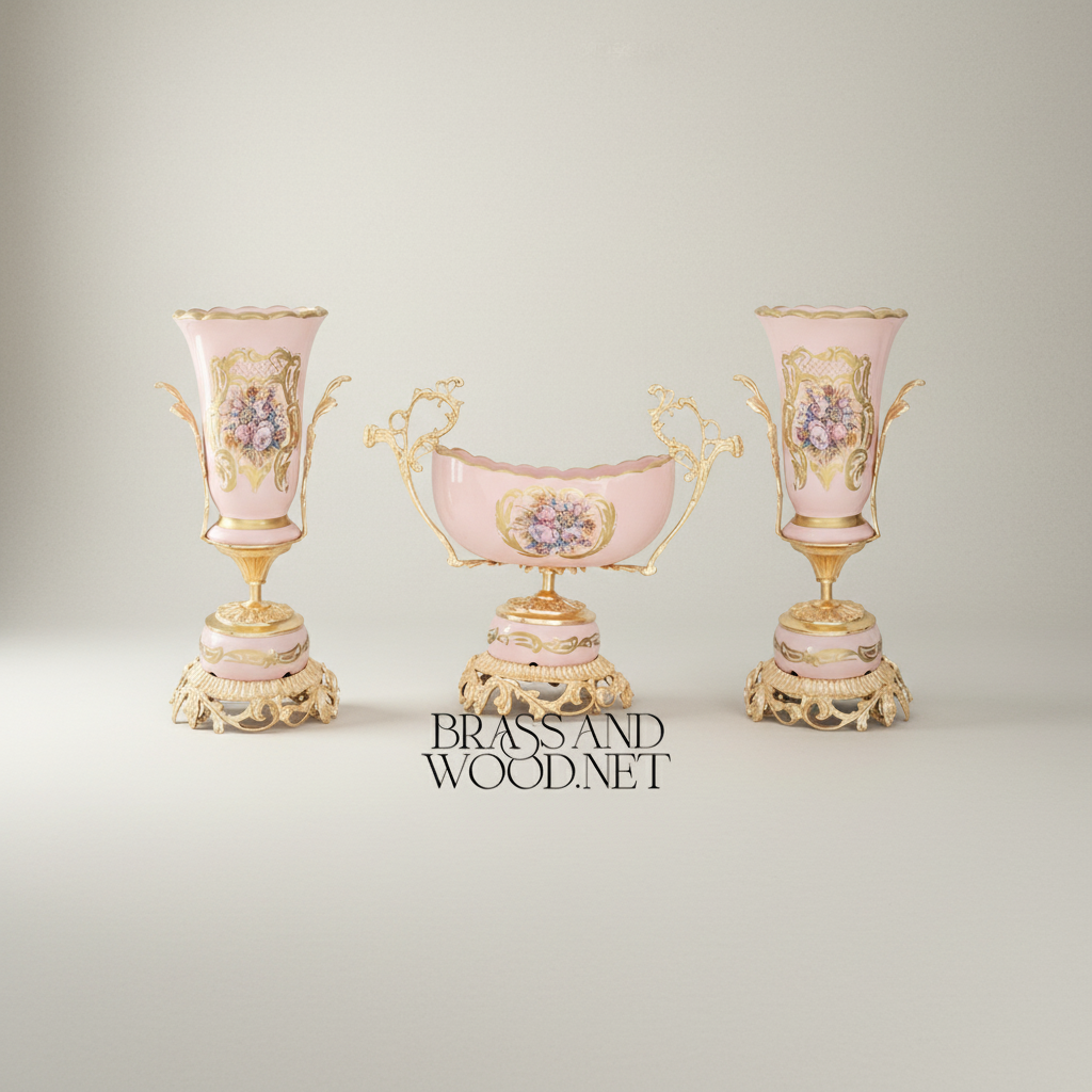 Rococo Porcelain Vase & Centrepiece Set – Pink Floral Hand-Painted with Ornate Brass Base