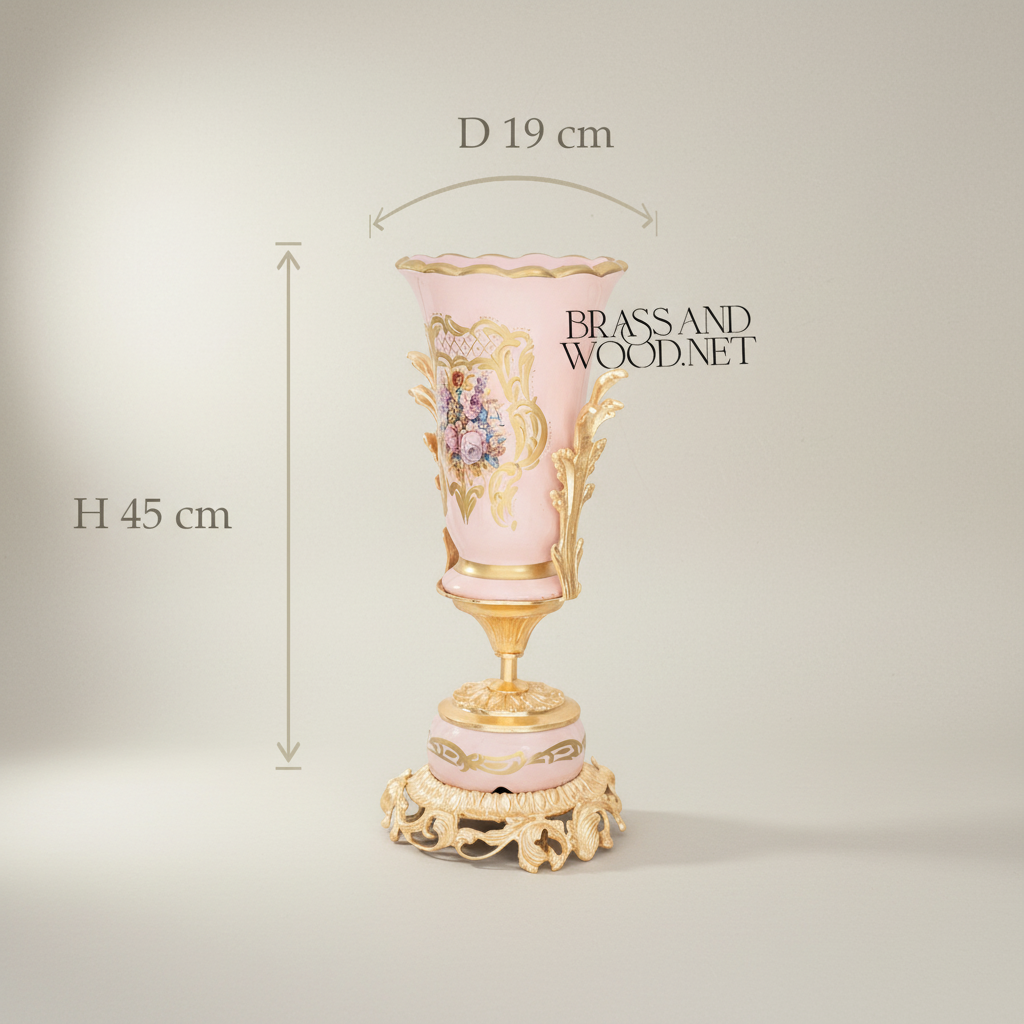 Rococo Porcelain Vase & Centrepiece Set – Pink Floral Hand-Painted with Ornate Brass Base