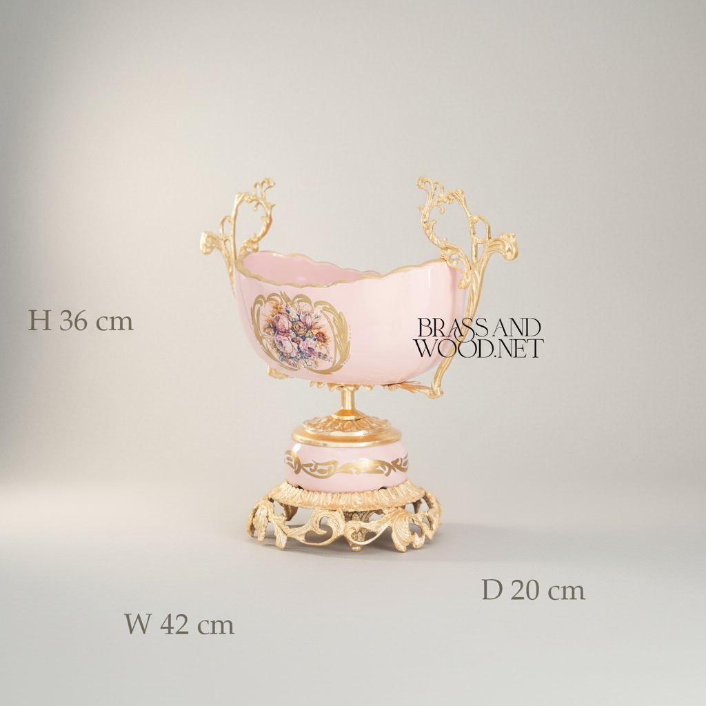Rococo Porcelain Vase & Centrepiece Set – Pink Floral Hand-Painted with Ornate Brass Base — Gold