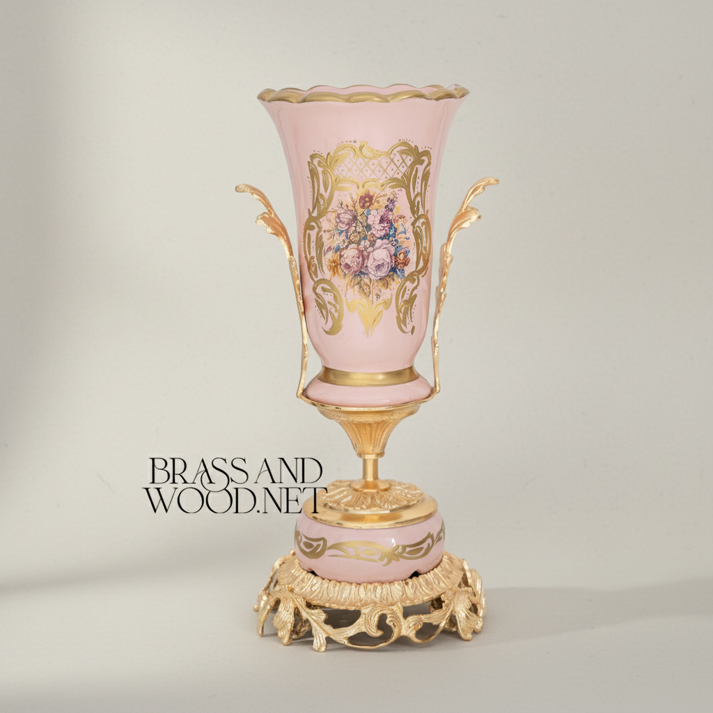 Rococo Porcelain Vase & Centrepiece Set – Pink Floral Hand-Painted with Ornate Brass Base — Gold