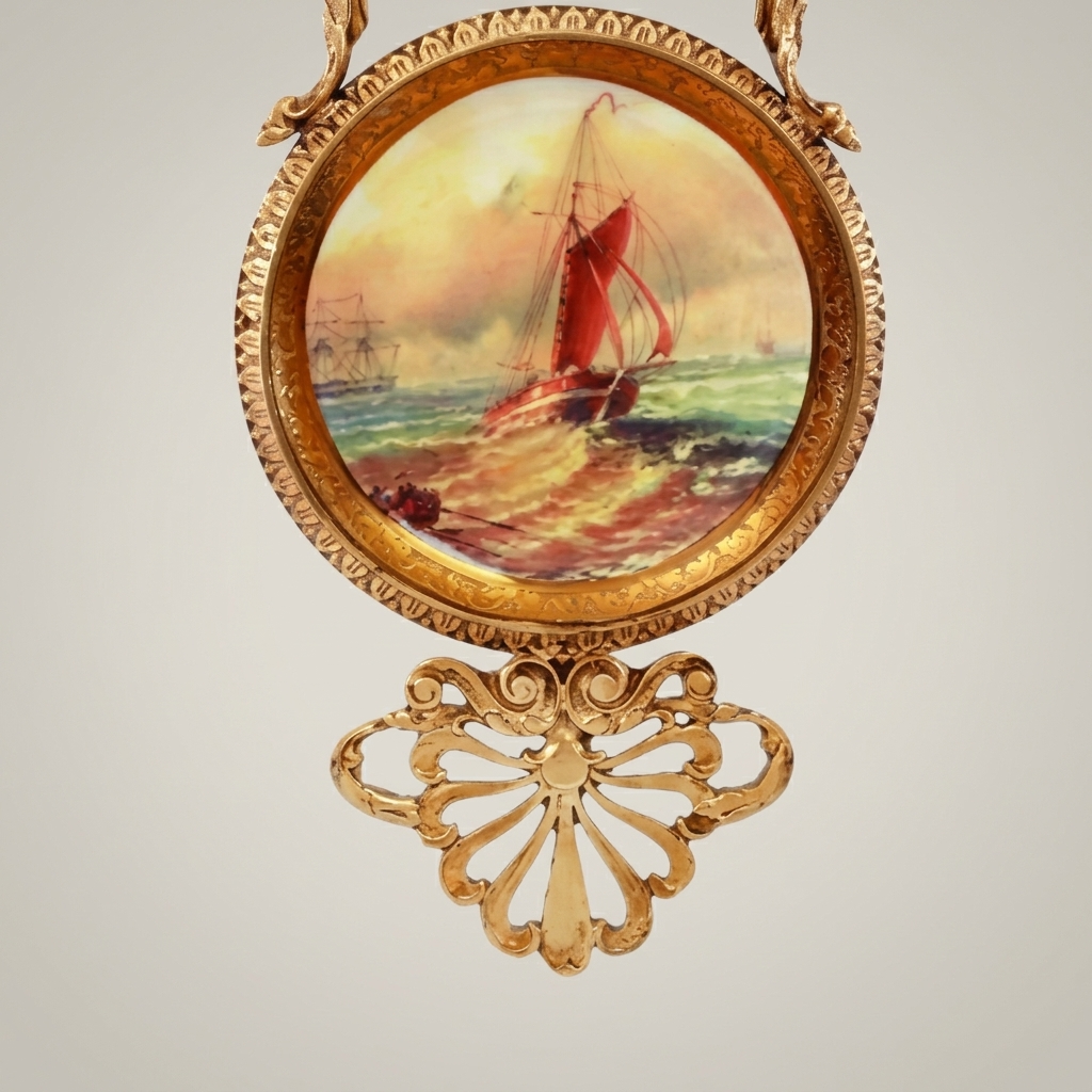 Rococo Revival Brass Wall Plaque with Hand-Painted Maritime Porcelain Medallion — Gold
