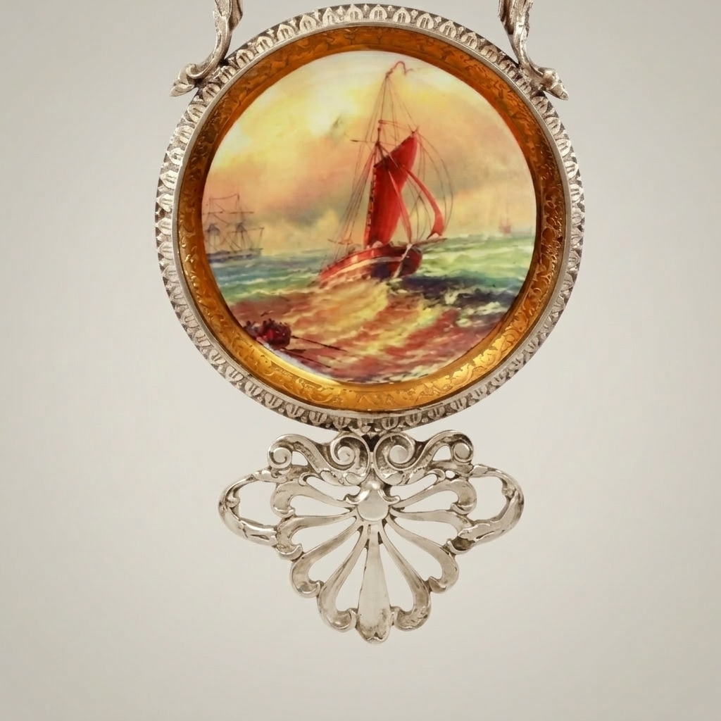 Rococo Revival Brass Wall Plaque with Hand-Painted Maritime Porcelain Medallion — Silver