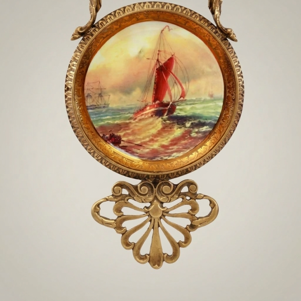 Rococo Revival Brass Wall Plaque with Hand-Painted Maritime Porcelain Medallion — Antique Gold