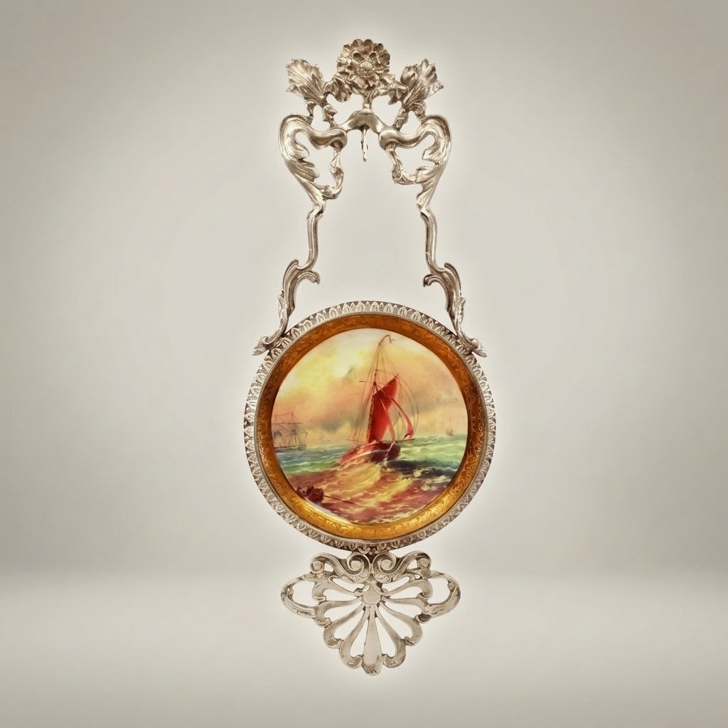 Rococo Revival Brass Wall Plaque with Hand-Painted Maritime Porcelain Medallion — Silver