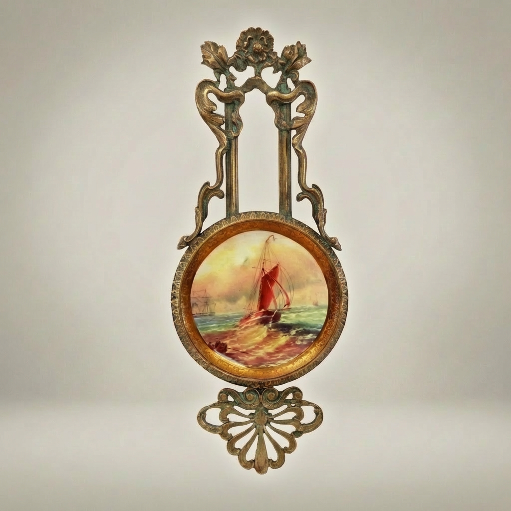 Rococo Revival Brass Wall Plaque with Hand-Painted Maritime Porcelain Medallion — Antique Gold