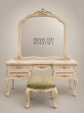 Rococo Revival Carved Dressing Table Set with Arched Mirror & Upholstered Stool