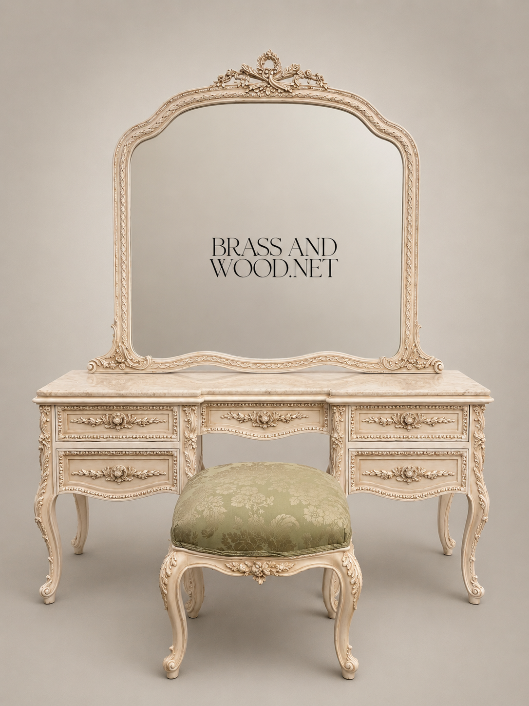Rococo Revival Carved Dressing Table Set with Arched Mirror & Upholstered Stool