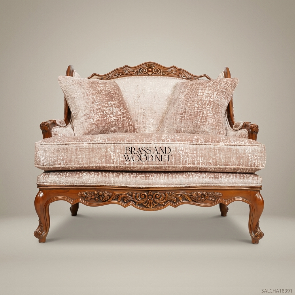 Rococo Revival carved wood marquise salon chair with sculpted apron cabriole legs and blush chenille upholstery Main View | Brass & Wood