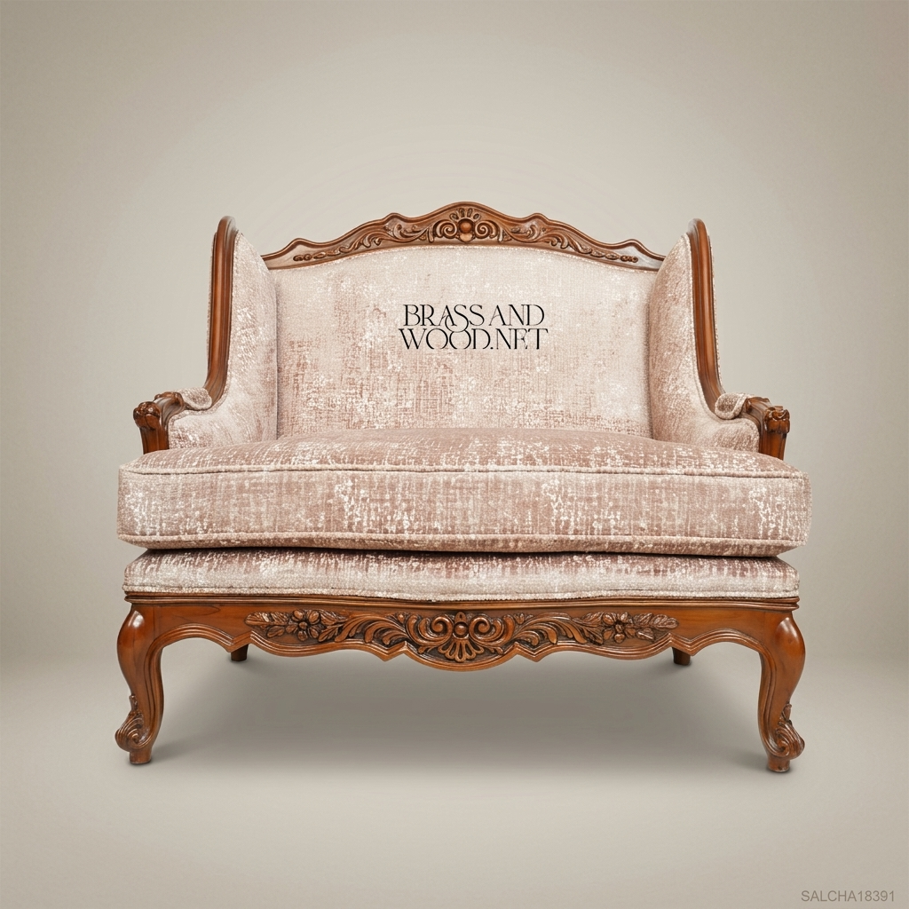 Rococo Revival carved wood marquise salon chair with sculpted apron cabriole legs and blush chenille upholstery View 2 | Brass & Wood