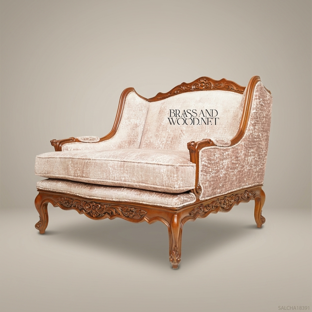 Rococo Revival carved wood marquise salon chair with sculpted apron cabriole legs and blush chenille upholstery View 3 | Brass & Wood