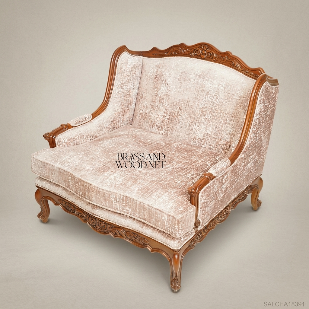 Rococo Revival carved wood marquise salon chair with sculpted apron cabriole legs and blush chenille upholstery View 4 | Brass & Wood