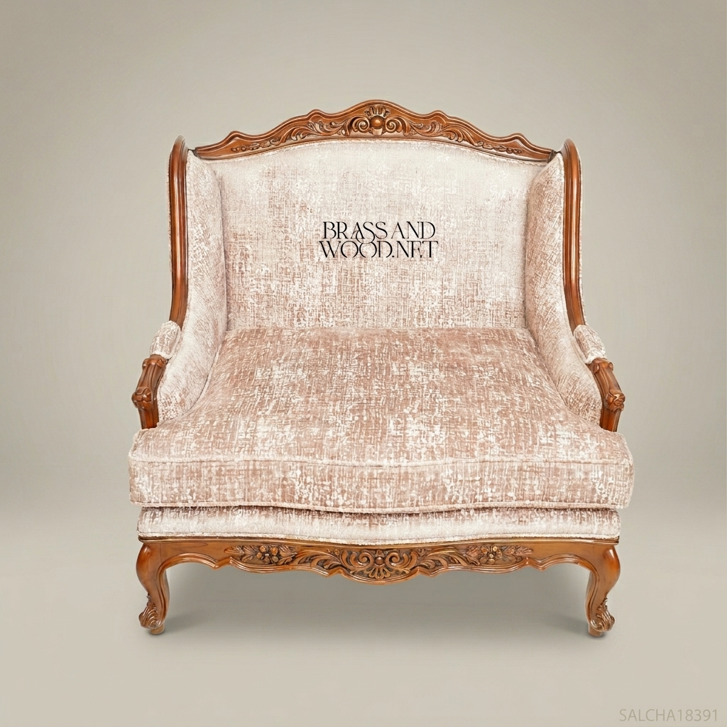 Rococo Revival carved wood marquise salon chair with sculpted apron cabriole legs and blush chenille upholstery View 5 | Brass & Wood