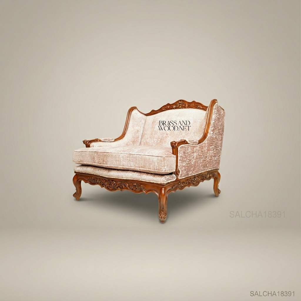 Rococo Revival carved wood marquise salon chair with sculpted apron cabriole legs and blush chenille upholstery View 6 | Brass & Wood
