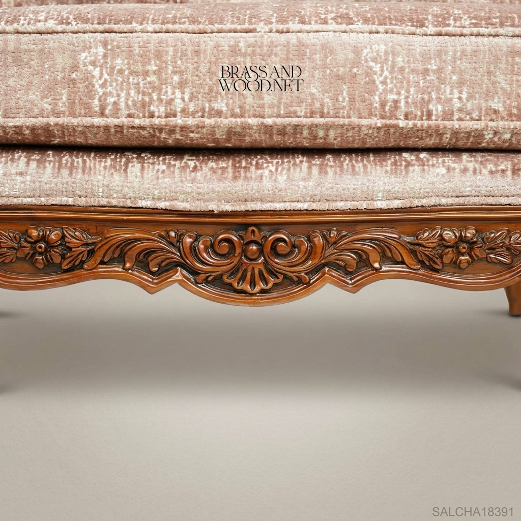 Rococo Revival carved wood marquise salon chair with sculpted apron cabriole legs and blush chenille upholstery View 7 | Brass & Wood