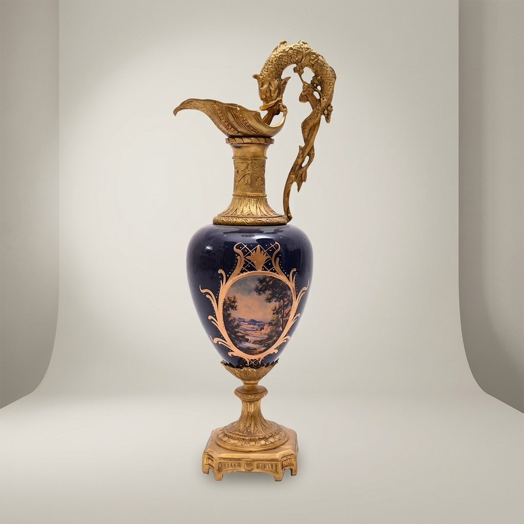 Napoleon III Cobalt Porcelain Ewer Vase with Dolphin Handle & Ormolu Mounts — Antique Gold
