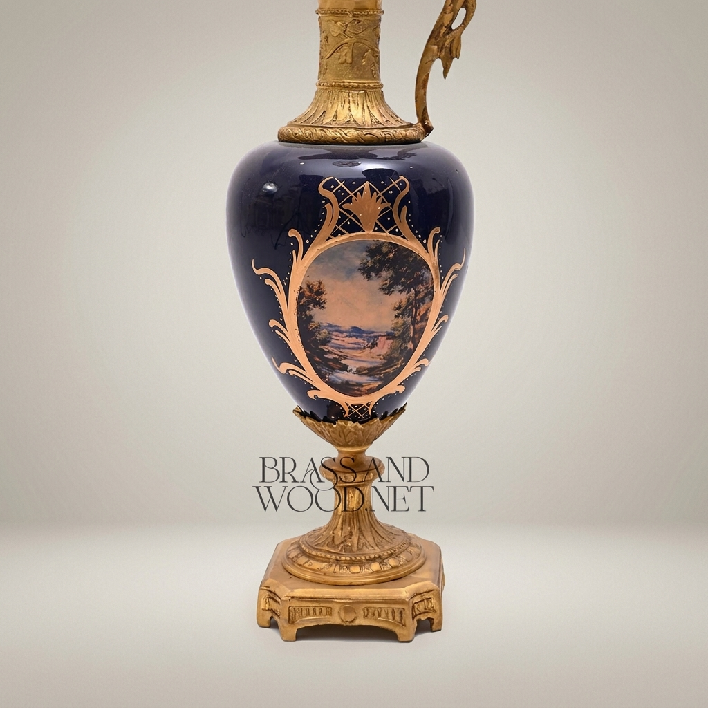 Napoleon III Cobalt Porcelain Ewer Vase with Dolphin Handle & Ormolu Mounts — Antique Gold