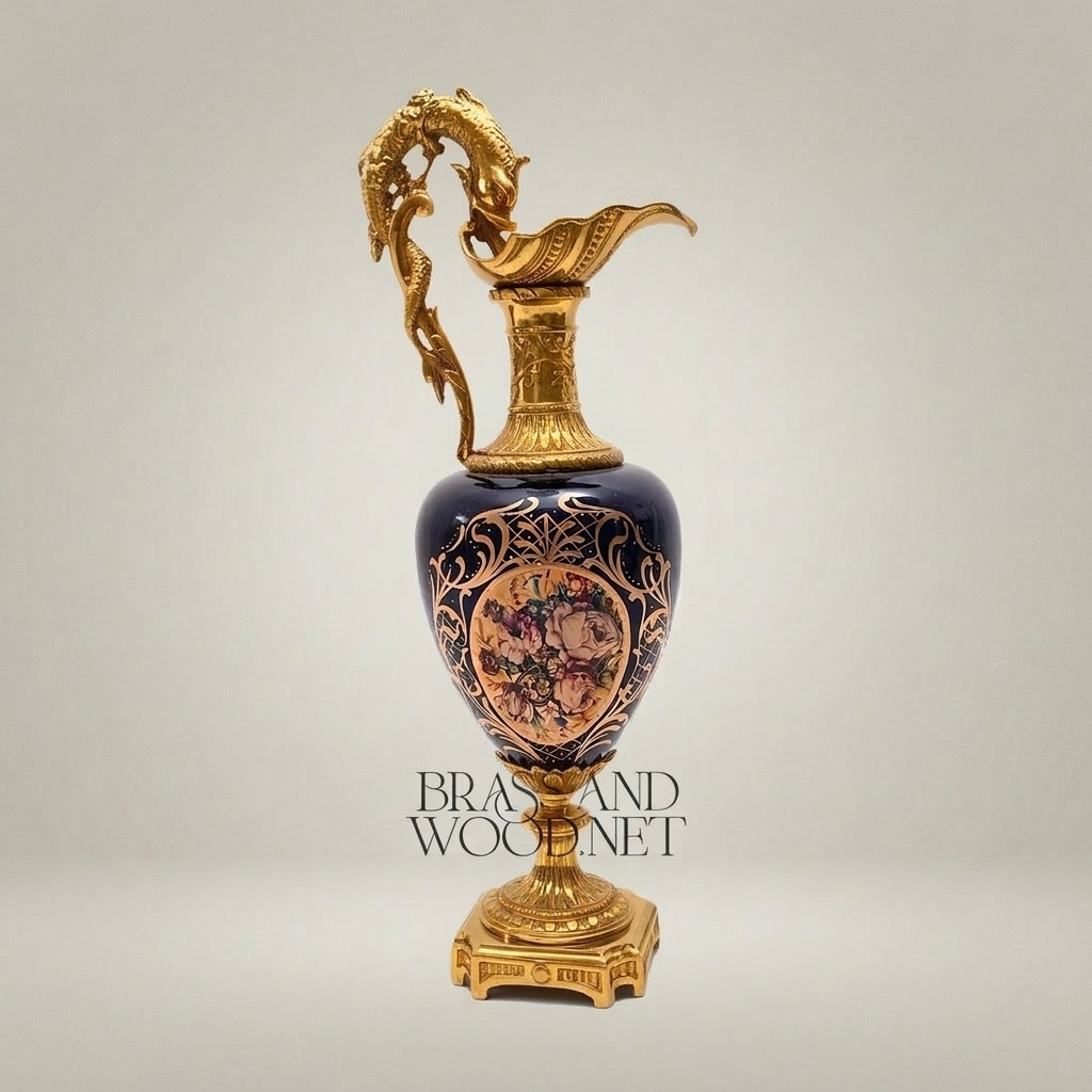 Napoleon III Cobalt Porcelain Ewer Vase with Dolphin Handle & Ormolu Mounts — Gold