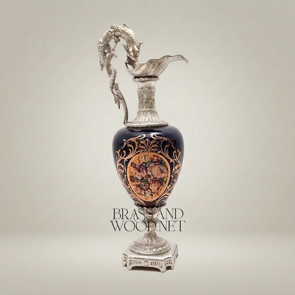 Napoleon III Cobalt Porcelain Ewer Vase with Dolphin Handle & Ormolu Mounts — Silver