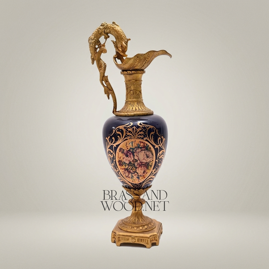 Napoleon III Cobalt Porcelain Ewer Vase with Dolphin Handle & Ormolu Mounts — Antique Gold