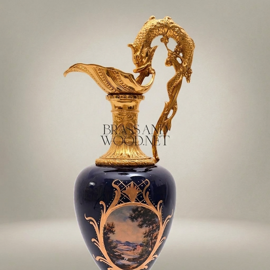 Napoleon III Cobalt Porcelain Ewer Vase with Dolphin Handle & Ormolu Mounts
