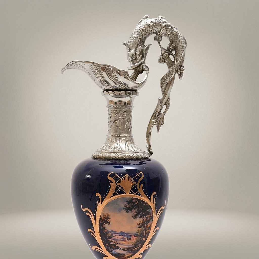 Napoleon III Cobalt Porcelain Ewer Vase with Dolphin Handle & Ormolu Mounts — Silver