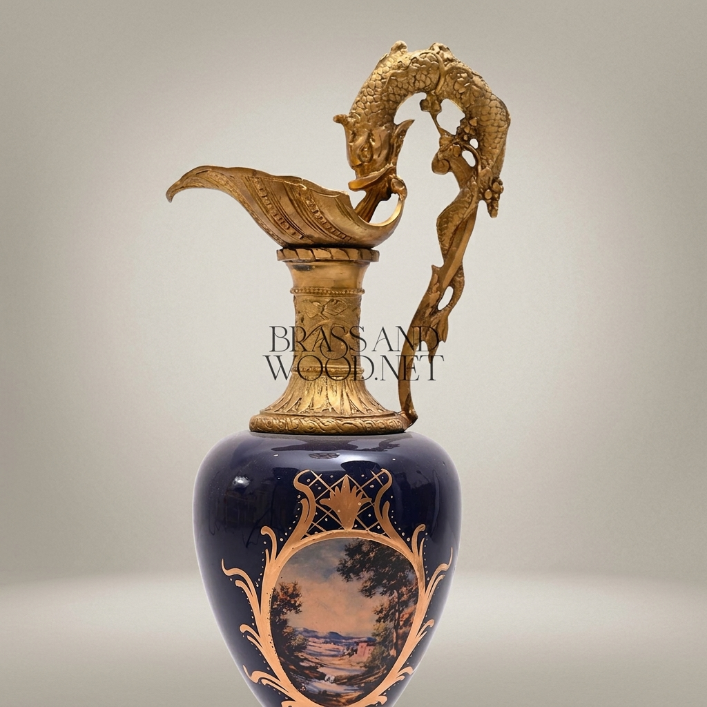 Napoleon III Cobalt Porcelain Ewer Vase with Dolphin Handle & Ormolu Mounts — Antique Gold