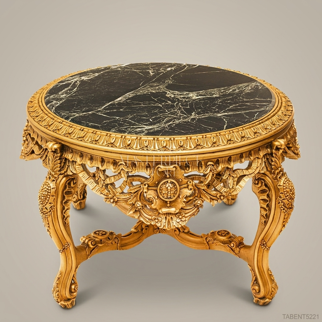 Rococo Revival Gilded Round Center Table with Nero Marquina Marble Top