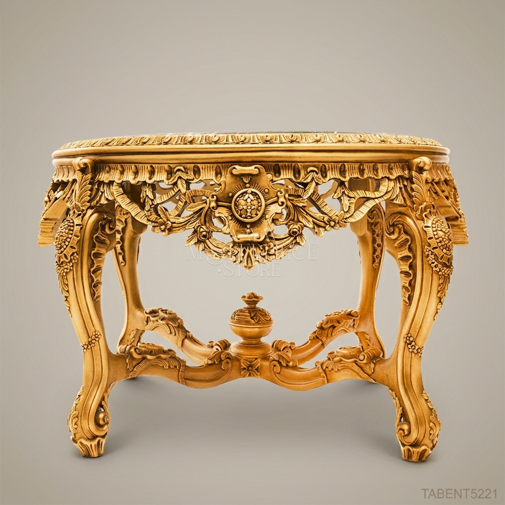 Rococo Revival Gilded Round Center Table with Nero Marquina Marble Top