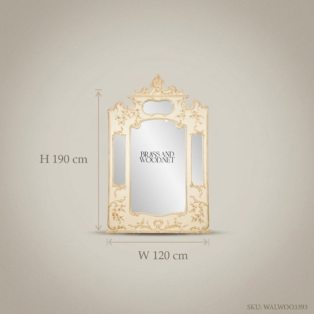 Rococo Revival Ivory Lacquered Pier Mirror - Gilded Floral Carved Pediment with Triple Mirror Panels