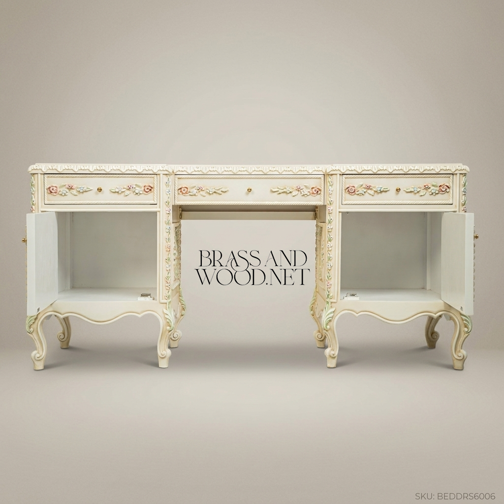 Rococo Revival Ivory Painted Dressing Table with Tri-Fold Floral Mirror