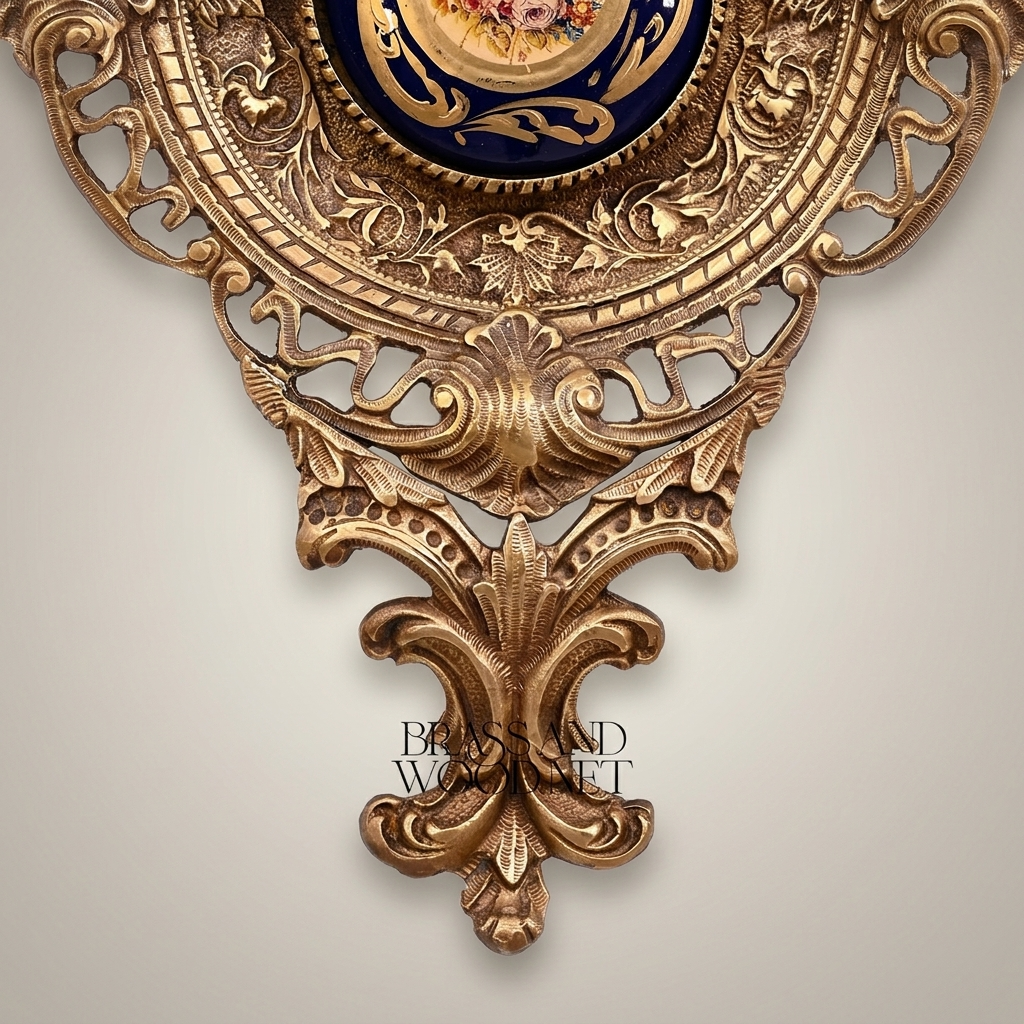 Rococo Revival Reticulated Brass Wall Medallion with Cobalt Floral Porcelain Plaque — Antique Gold
