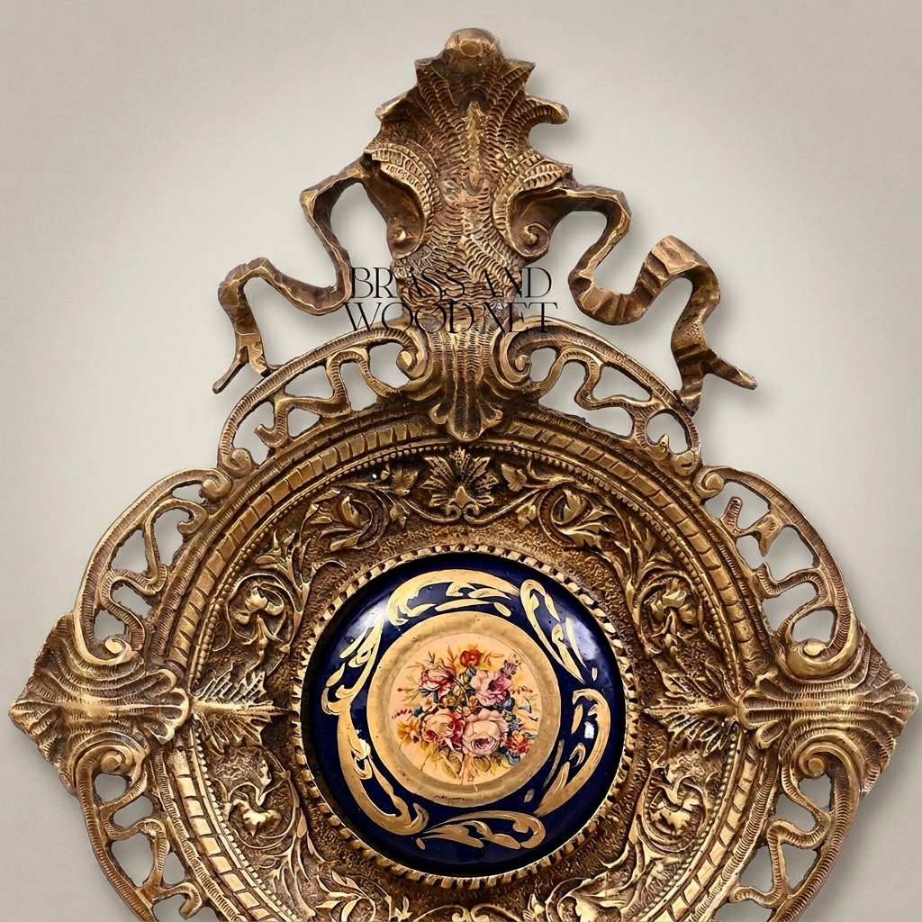 Rococo Revival Reticulated Brass Wall Medallion with Cobalt Floral Porcelain Plaque — Antique Gold