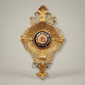 Rococo Revival Reticulated Brass Wall Medallion with Cobalt Floral Porcelain Plaque — Gold