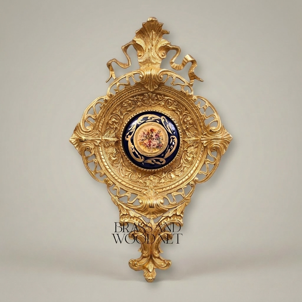 Rococo Revival Reticulated Brass Wall Medallion with Cobalt Floral Porcelain Plaque — Gold