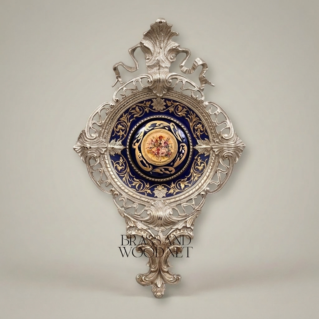 Rococo Revival Reticulated Brass Wall Medallion with Cobalt Floral Porcelain Plaque — Silver