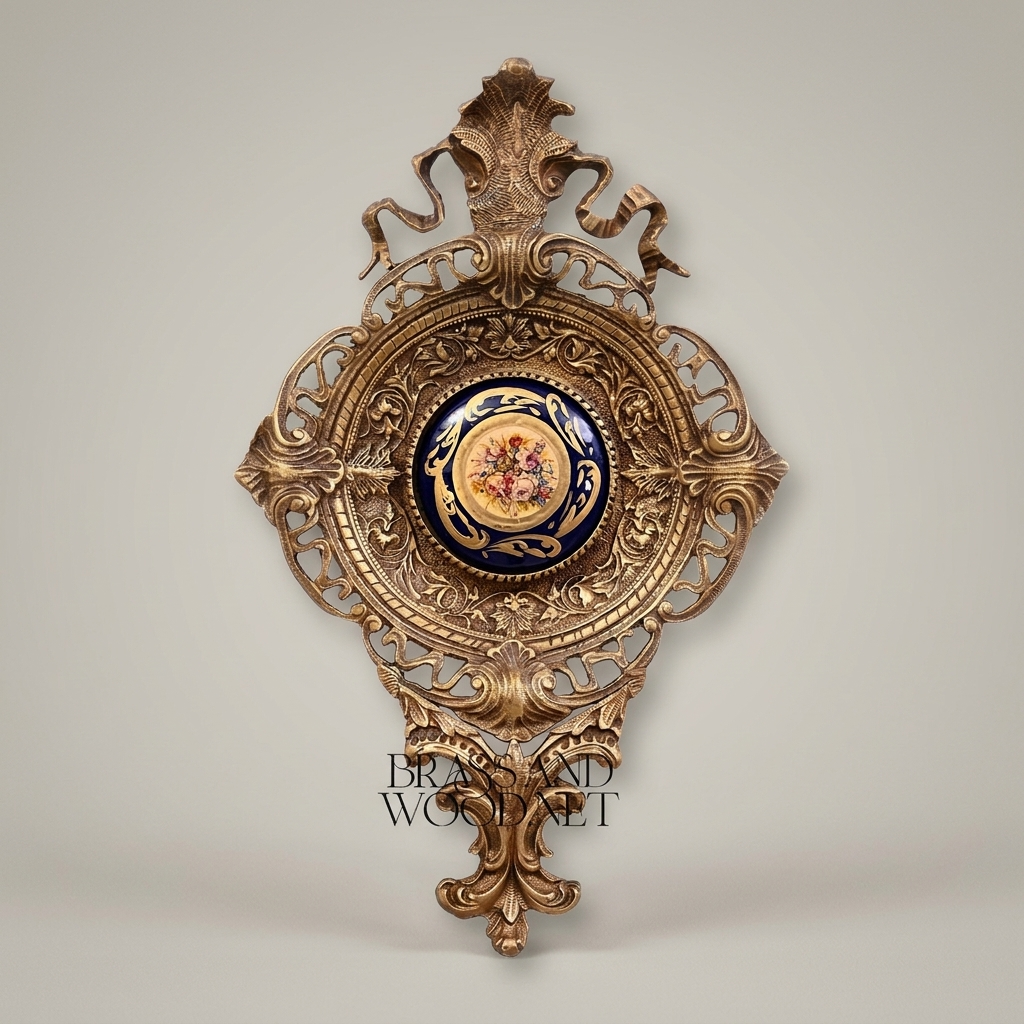Rococo Revival Reticulated Brass Wall Medallion with Cobalt Floral Porcelain Plaque — Antique Gold