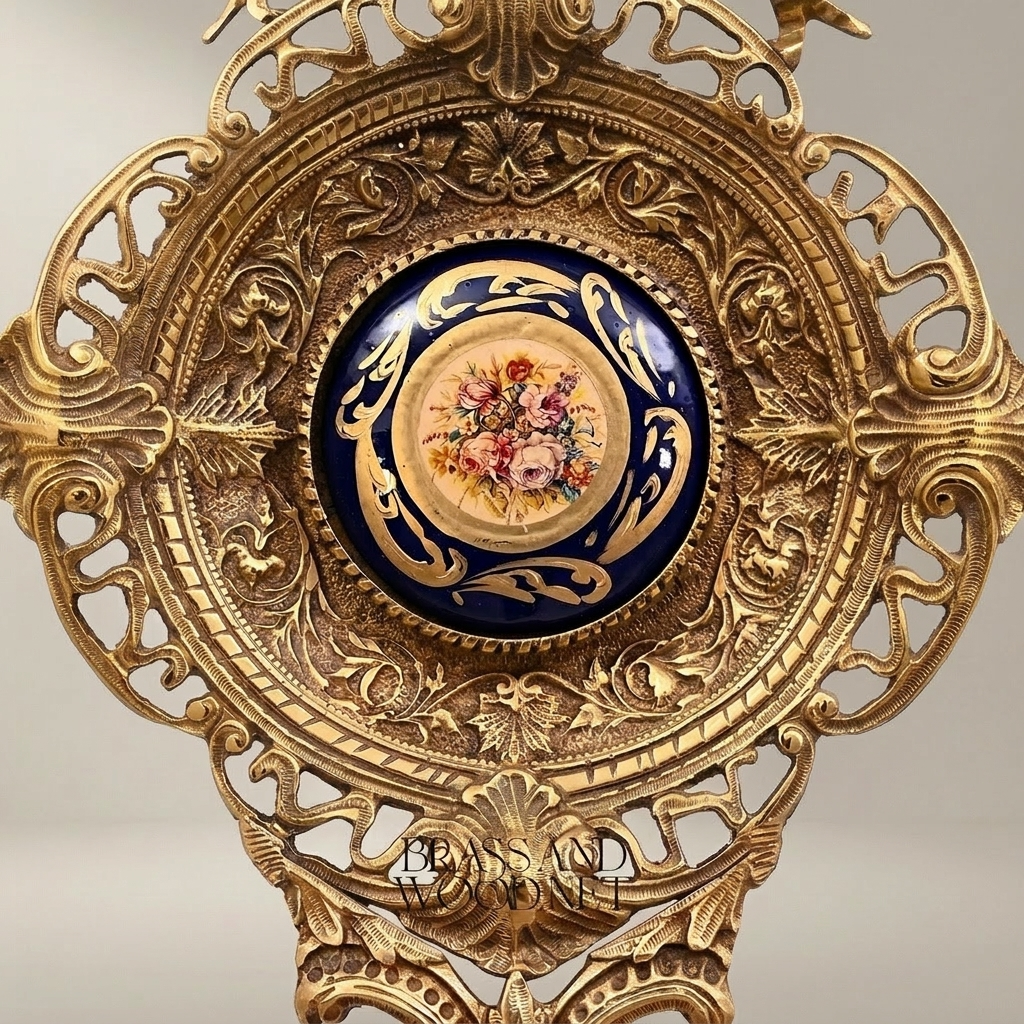 Rococo Revival Reticulated Brass Wall Medallion with Cobalt Floral Porcelain Plaque — Gold