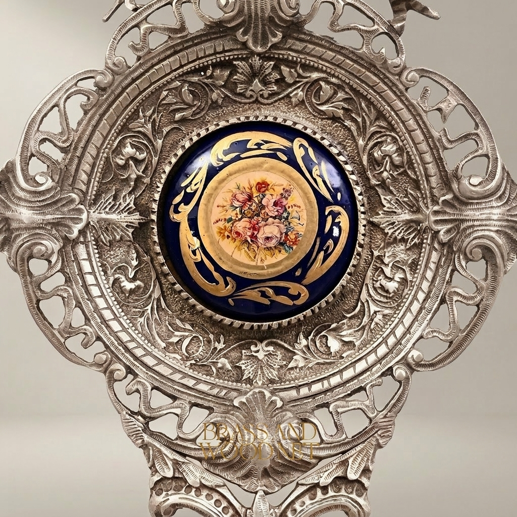 Rococo Revival Reticulated Brass Wall Medallion with Cobalt Floral Porcelain Plaque — Silver