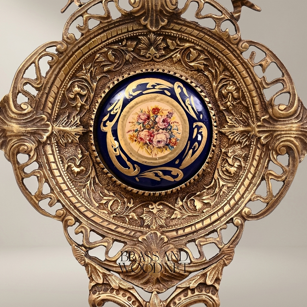Rococo Revival Reticulated Brass Wall Medallion with Cobalt Floral Porcelain Plaque — Antique Gold
