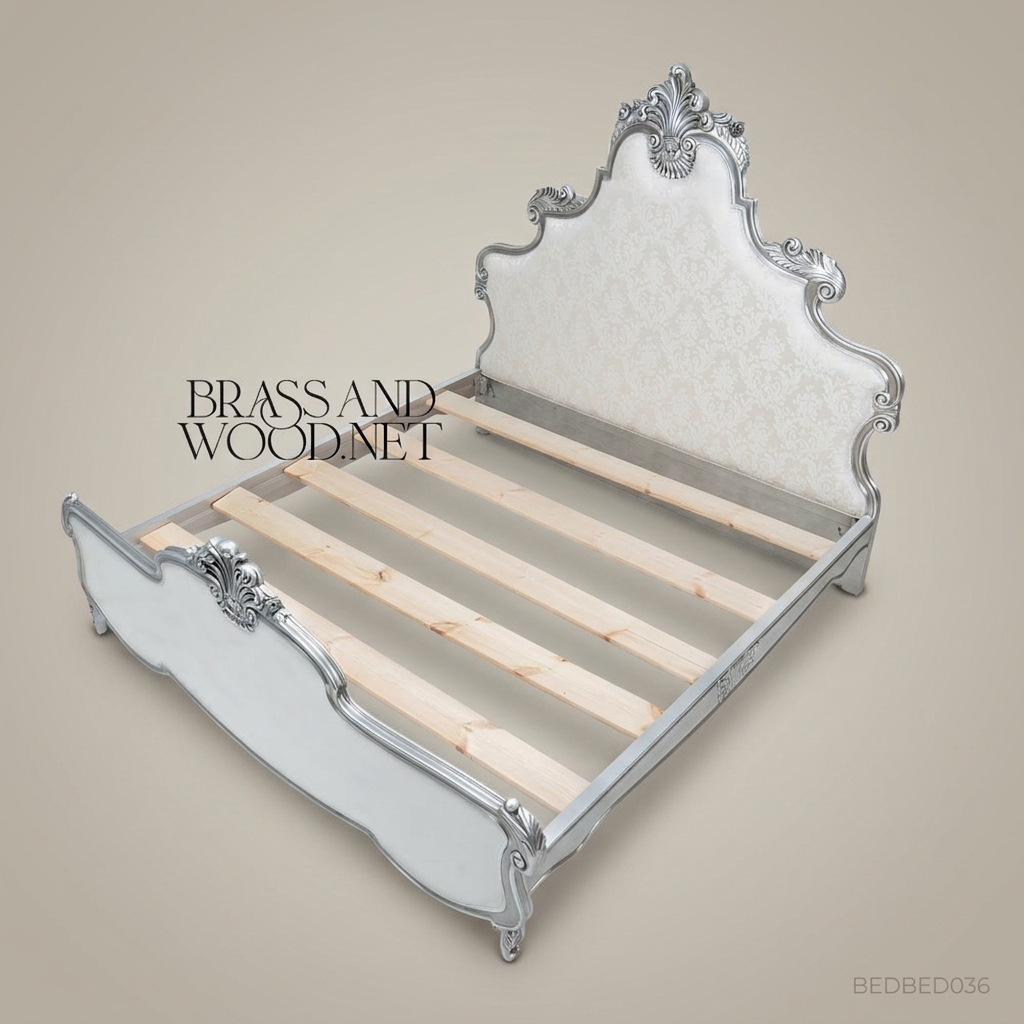 Rococo Revival Silver-Leaf Carved Super King Bed with Damask Upholstered Headboard