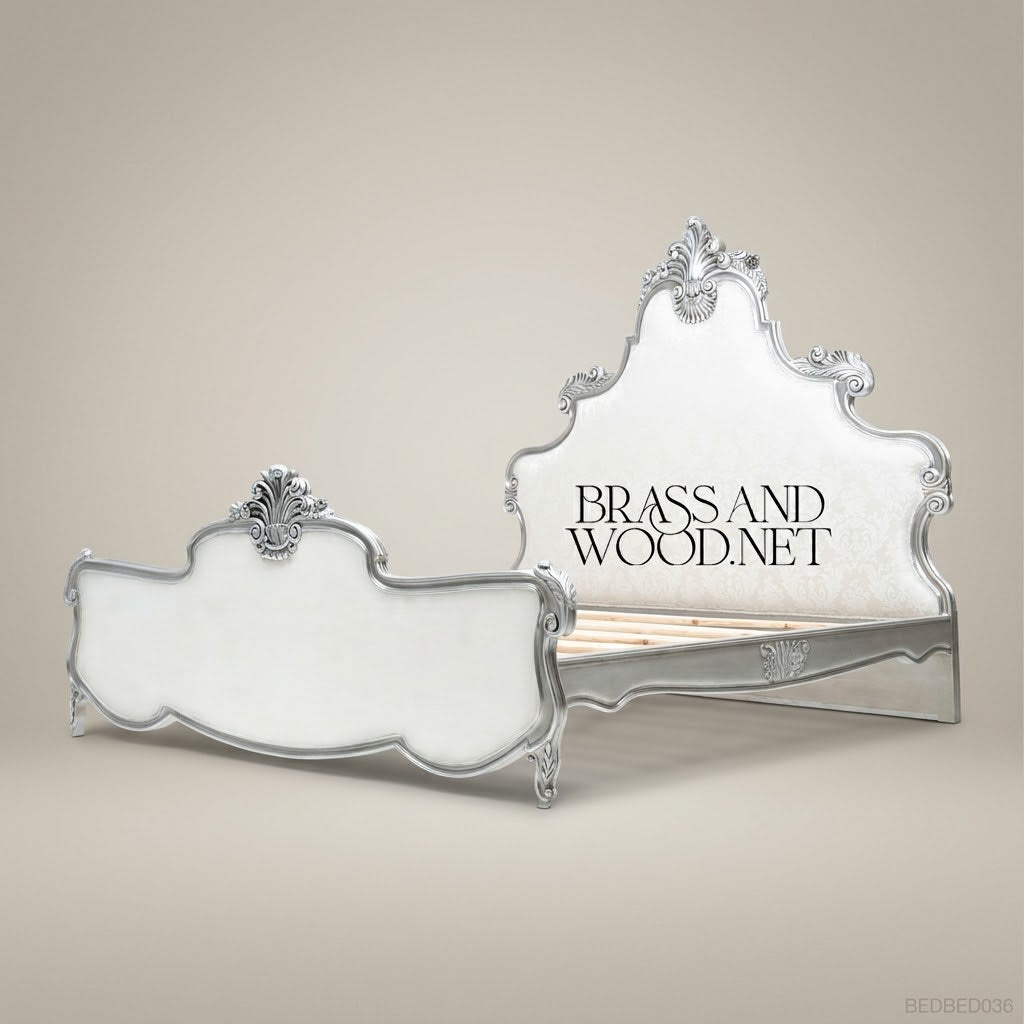Rococo Revival Silver-Leaf Carved Super King Bed with Damask Upholstered Headboard