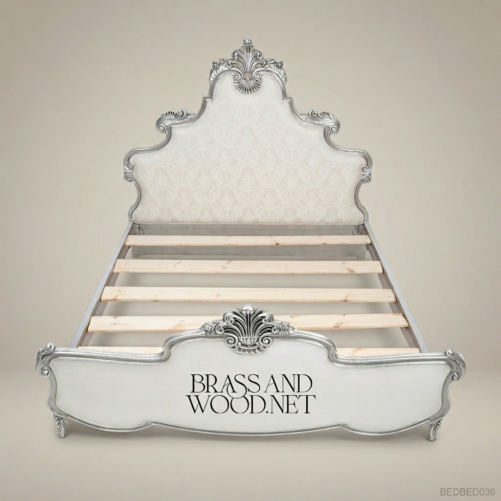 Rococo Revival Silver-Leaf Carved Super King Bed with Damask Upholstered Headboard