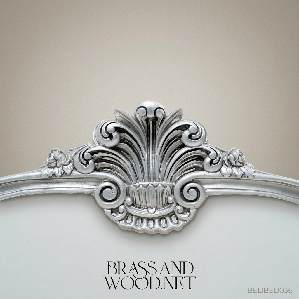 Rococo Revival Silver-Leaf Carved Super King Bed with Damask Upholstered Headboard