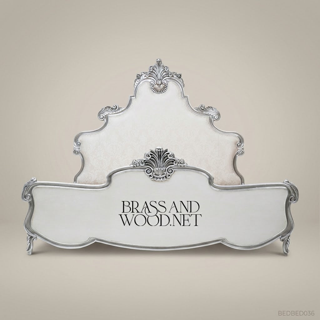 Rococo Revival Silver-Leaf Carved Super King Bed with Damask Upholstered Headboard