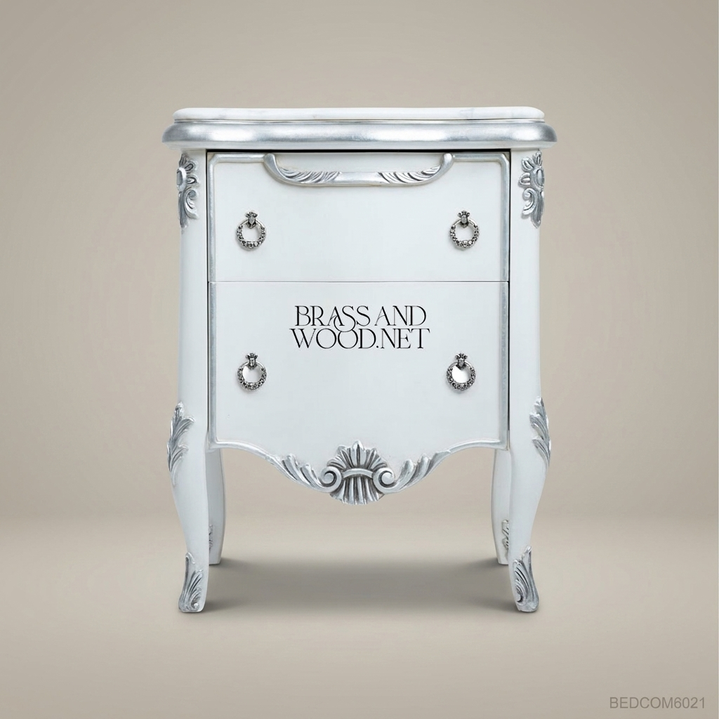 Rococo Revival Silver-Leafed Nightstand with Marble Top & Velvet-Lined Drawers