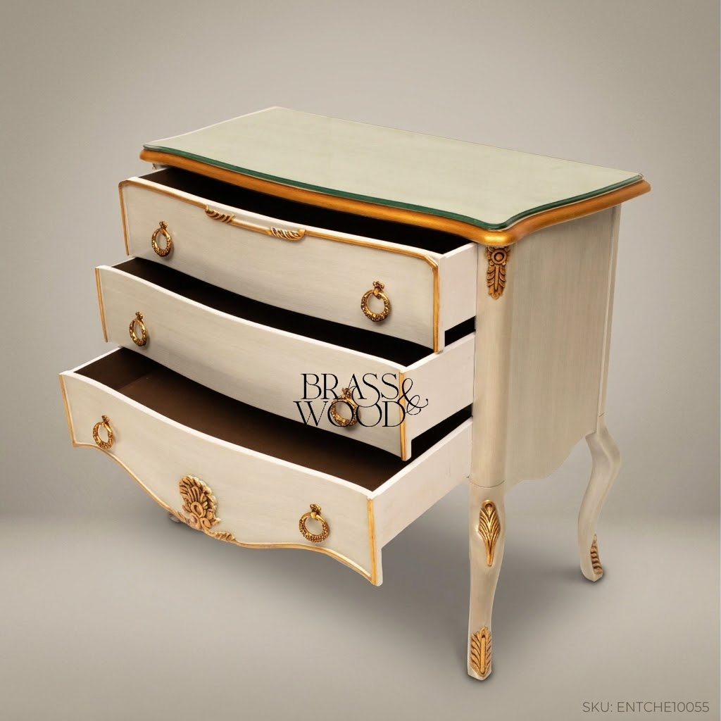 Louis XV Ivory & Gold Leaf Three-Drawer Commode with Glass Top