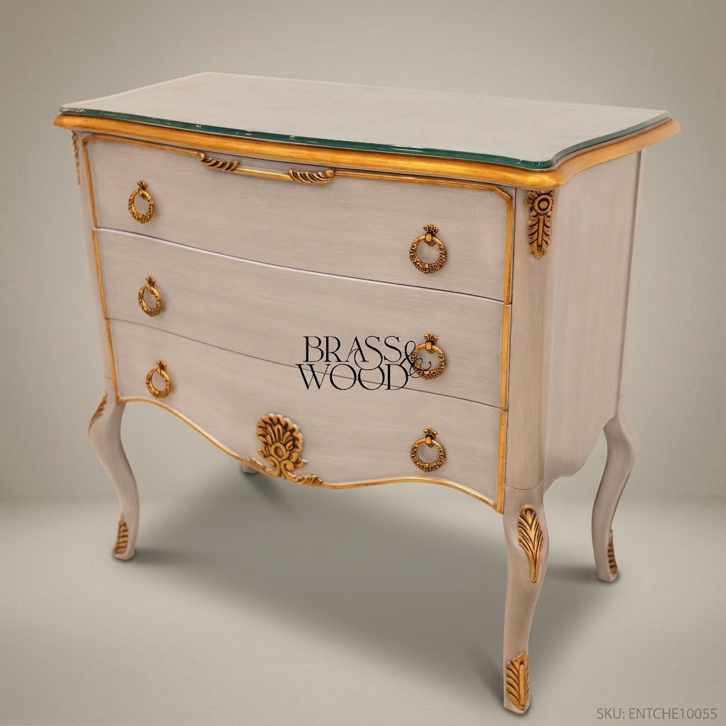 Louis XV Ivory & Gold Leaf Three-Drawer Commode with Glass Top