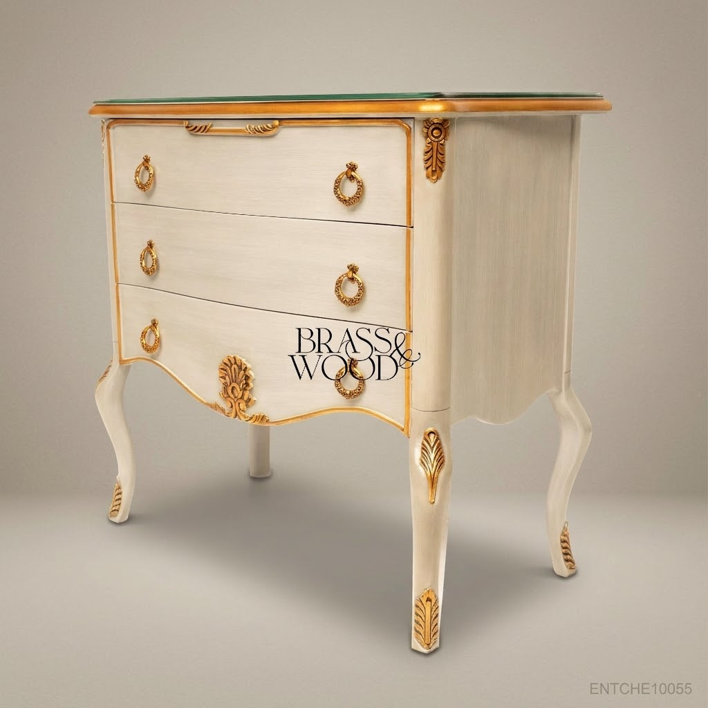 Louis XV Ivory & Gold Leaf Three-Drawer Commode with Glass Top