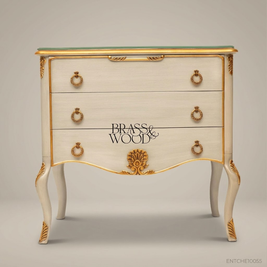 Louis XV Ivory & Gold Leaf Three-Drawer Commode with Glass Top